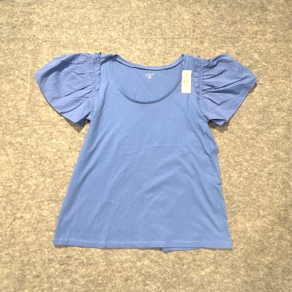 LOFT Blue Puff Sleeve Tee Scoop Neck Pleated Cotton Top Small 33414645